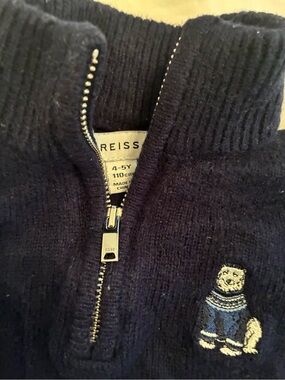 Reiss Navy Zip-Up Knit Top with Embroidered Cat